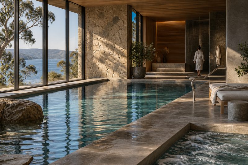 A stone and timber hydrotherapy club overlooking bushland and water