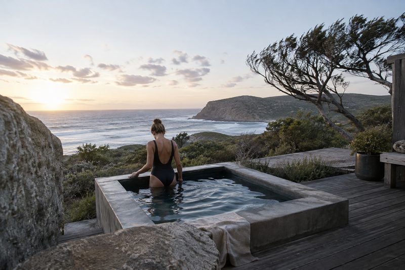 A person enters a cold plunge beside the Australian coast at dawn