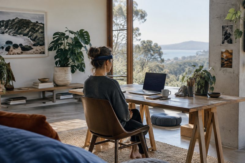 A person uses a neurofeedback headband in a quiet home studio