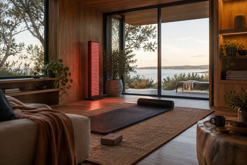 A red light panel and recovery mat integrated into a timber home