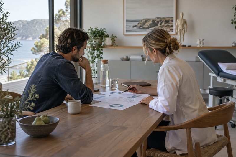 A clinician and client review health information at a timber table