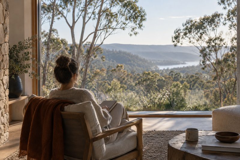 A person rests beside a window overlooking eucalyptus forest