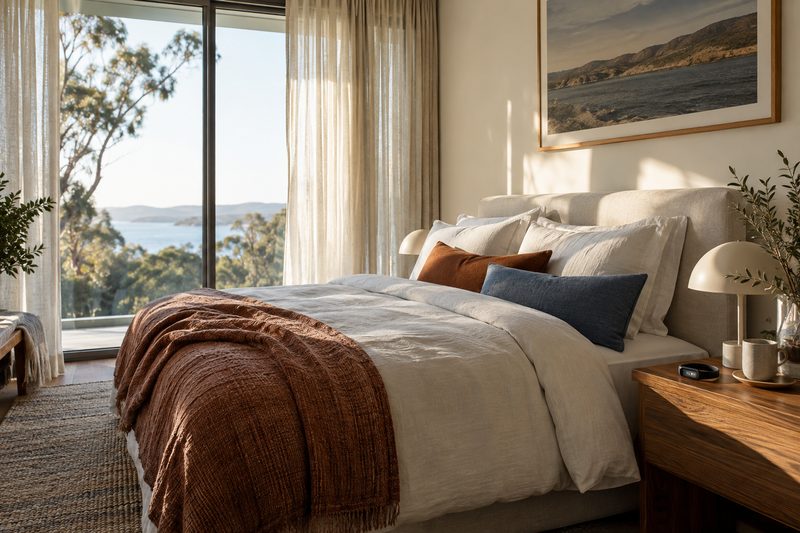 A calm bedroom with a discreet sleep tracker on the bedside table