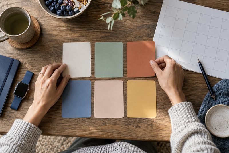 Hands arrange six planning cards beside a calendar and health wearable