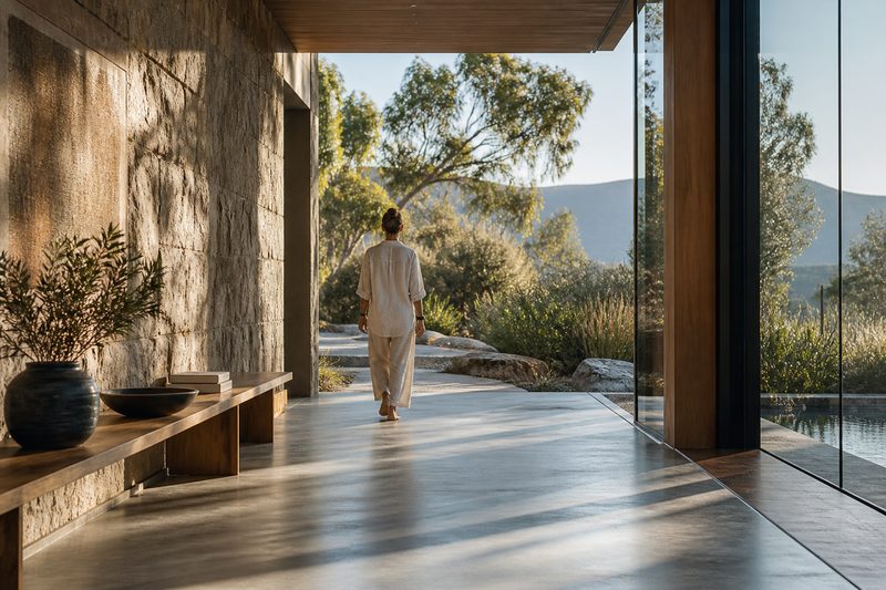 A guest walks from a stone wellness retreat into a sunlit Australian garden