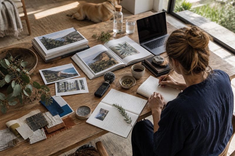 An editor researches wellness environments with books, notes and recorded interviews
